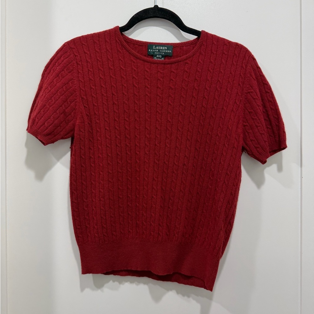 RALPH LAUREN Cable Knit Wool and Cashmere Short-Sleeve Sweater-Red (Size S)